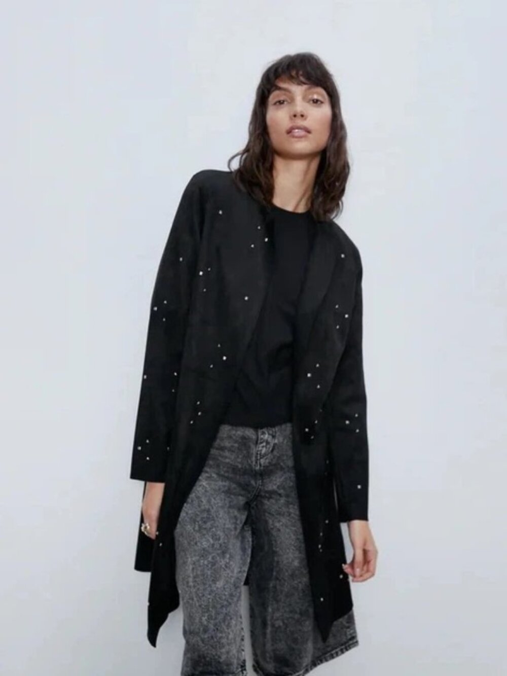 Zara Faux Suede Long Coat with Silver Studs - Black - US M